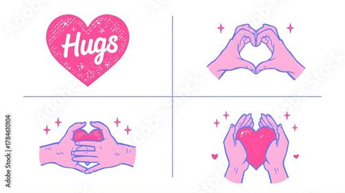 Love and Affection Gestures: A heartwarming collection of illustrations showcases expressions of love and affection. Featuring a pink heart emblem and hand gestures forming a heart shape.