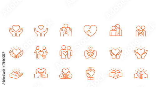 Love and Unity Symbols: An illustrated array of loving hearts and embracing figures, designed to evoke a sense of warmth, care, and unity through elegant line art, suitable for various themes