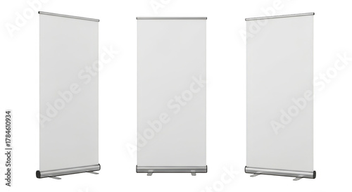 Three blank white roll up banner stands isolated on transparent background