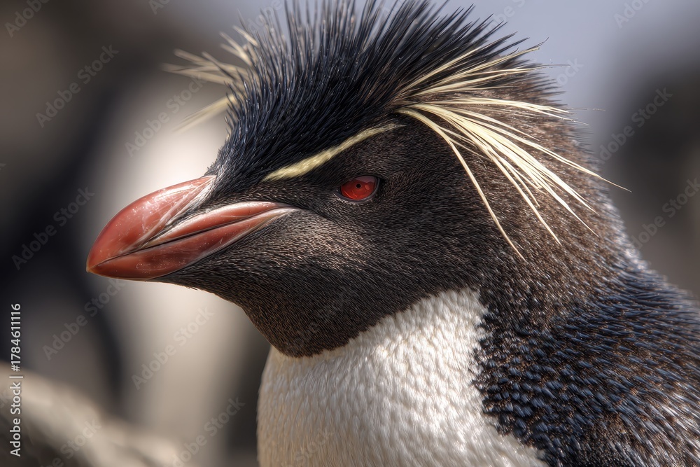Naklejka premium Rockhopper penguin exhibiting distinctive features in a natural habitat setting during the morning light in the Southern Hemisphere