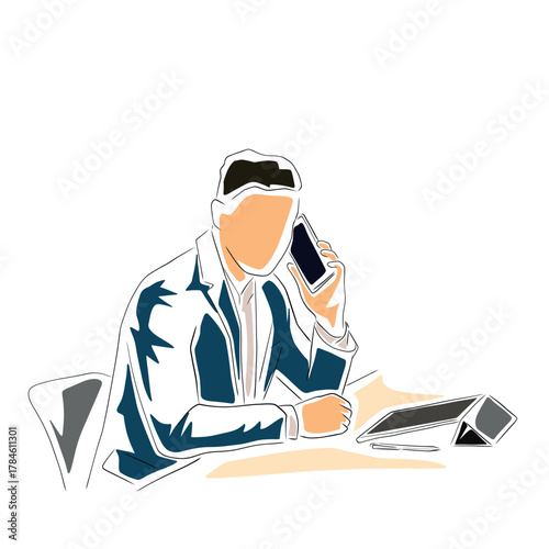 Businessman sitting at desk, talking on phone, side view. Tablet with stylus on table. Isolated vector illustration, flat line art design, modern business communication concept.