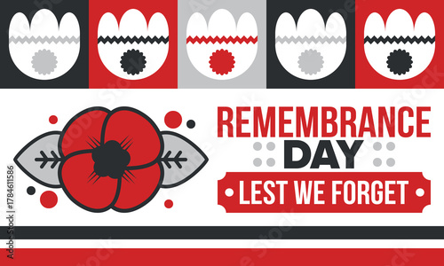 Remembrance Day. Lest we Forget. Remembrance poppy. Poppy day. Memorial day observed in Commonwealth member states to honour armed forces members who have died in the line of duty. Red poppy. Vector