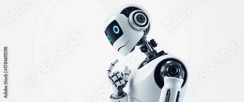 Thoughtful robot posed on pristine white background, contemplative expression,  illustration,  digital