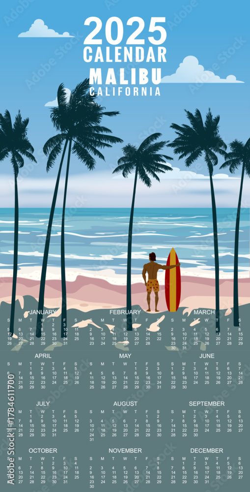 Fototapeta premium Calendar Monthly 2025 California Malibu Beach retro travel poster vector