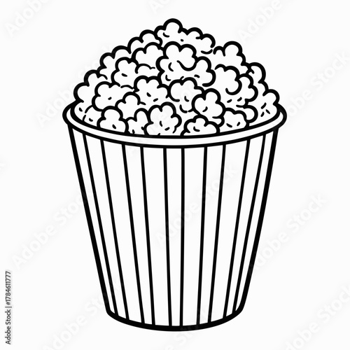 A black and white illustration of a striped bucket overflowing with fluffy popcorn kernels. Perfect for simple graphic needs.