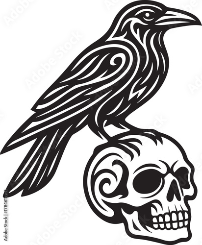 Tribal tattoo design of a raven with skull representing mystery and death.
