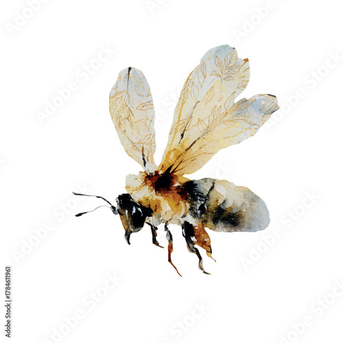 Vector freehand watercolor illustration of a flying Bee with golden elements. Hand drawn watercolour Beekeeper. honeybee for card design, packaging, fabric, packaging	
