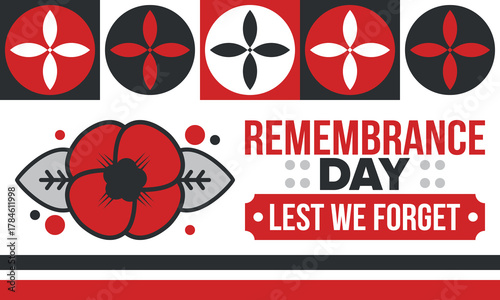 Remembrance Day. Lest we Forget. Remembrance poppy. Poppy day. Memorial day observed in Commonwealth member states to honour armed forces members who have died in the line of duty. Red poppy. Vector