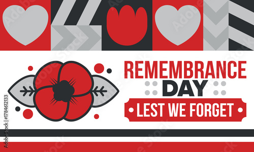 Remembrance Day. Lest we Forget. Remembrance poppy. Poppy day. Memorial day observed in Commonwealth member states to honour armed forces members who have died in the line of duty. Red poppy. Vector