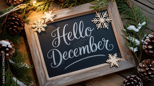 Hello december written on a chalkboard with festive decorations