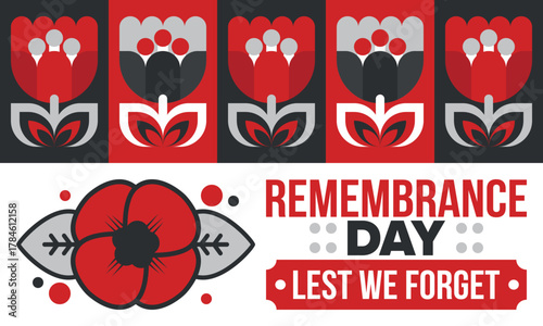 Remembrance Day. Lest we Forget. Remembrance poppy. Poppy day. Memorial day observed in Commonwealth member states to honour armed forces members who have died in the line of duty. Red poppy. Vector