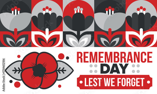 Remembrance Day. Lest we Forget. Remembrance poppy. Poppy day. Memorial day observed in Commonwealth member states to honour armed forces members who have died in the line of duty. Red poppy. Vector
