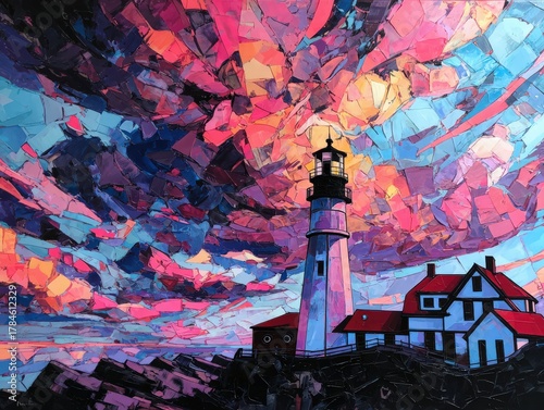 Capturing the essence of Portland Head Lighthouse in vibrant evening hues with warm colors and dramatic skies