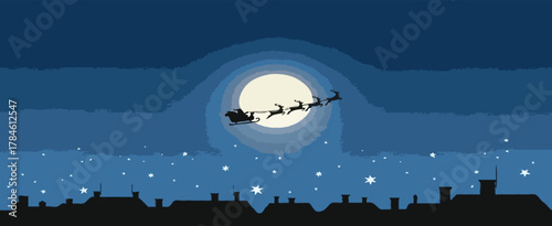 Santa’s Sleigh Flying Over Rooftops in Moonlit Night – Magical Christmas Silhouette Scene