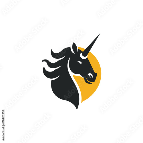 Stylized black unicorn head with flowing mane against a vibrant yellow circular background, facing right.