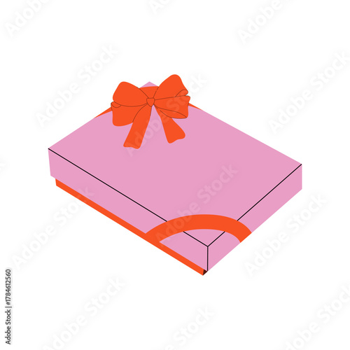A multicolored gift box with a bow and ribbon on a white background. A festive pink gift box for New Year's, birthdays, and other occasions.