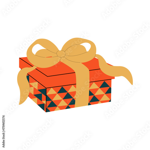 A multicolored gift box with a bow and ribbon on a white background. A festive orange gift box with a yellow bow for New Year's, birthdays, and other occasions.