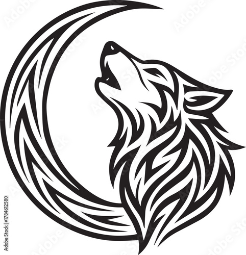 Tribal tattoo design of a wolf howling at the crescent moon representing loyalty and freedom.