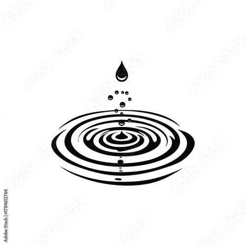 A single black droplet of water falls, creating concentric ripples and splashes on a calm surface.