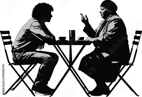 Black and white cafe scene of people talking over coffee silhouette art eps