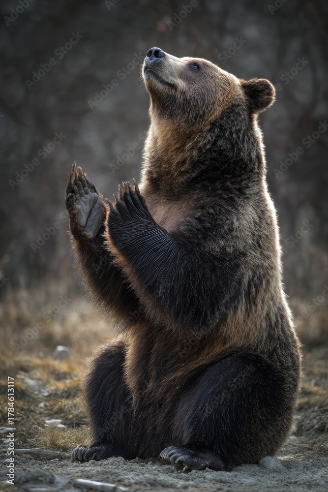 Fototapeta premium Grizzly bear sitting upright, paws raised, looking upwards