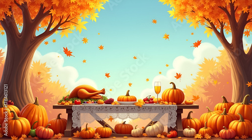 Modern “Happy Thanksgiving” layout with bold lettering, glowing pumpkins, and swirling autumn leaves on a textured background, perfect for digital banners and celebration posters