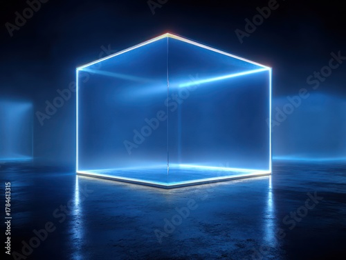 a  geometric frame background with deep blue gradient tones and glowing neon light edges