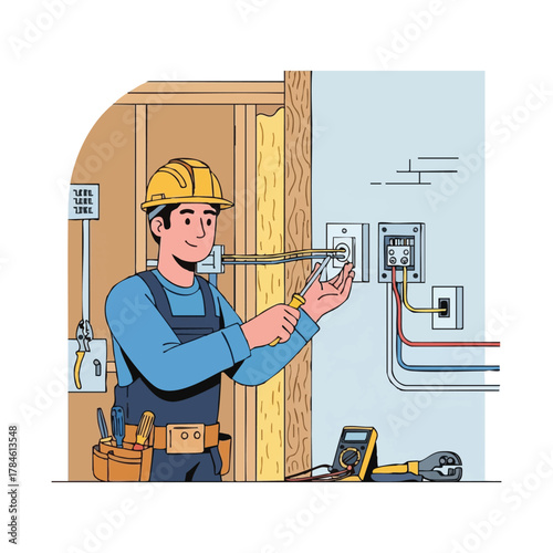 An electrician is working on electrical wiring and outlets, using tools to install or repair the electrical system in a home.