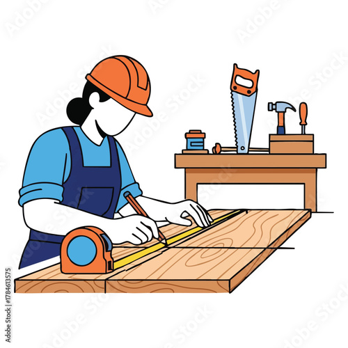 A female carpenter wearing a hard hat carefully measures and marks a wooden plank, preparing it for cutting with various tools.