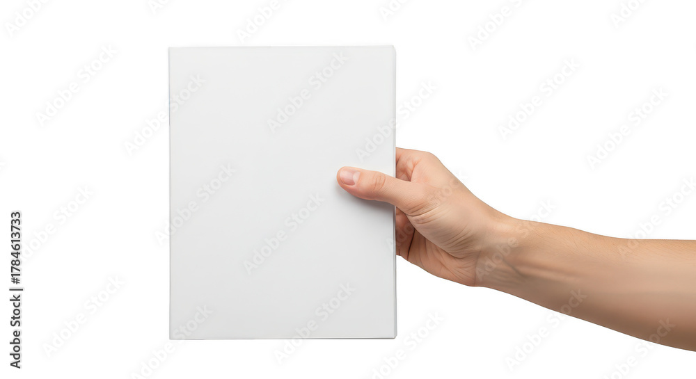 Fototapeta premium Hand holding a blank white brochure or flyer isolated on transparent background