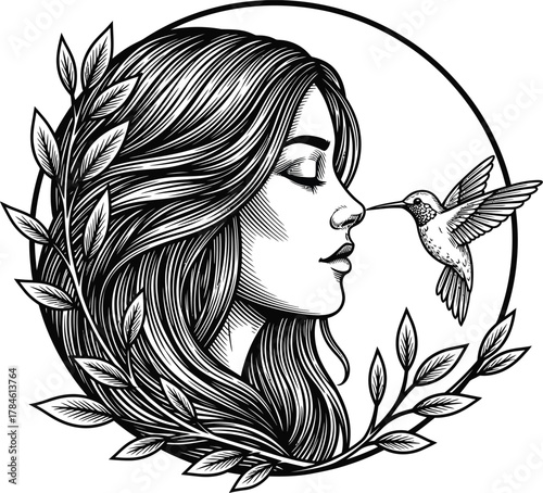 Woman hummingbird illustration nature beauty drawing line art design eps silhouette