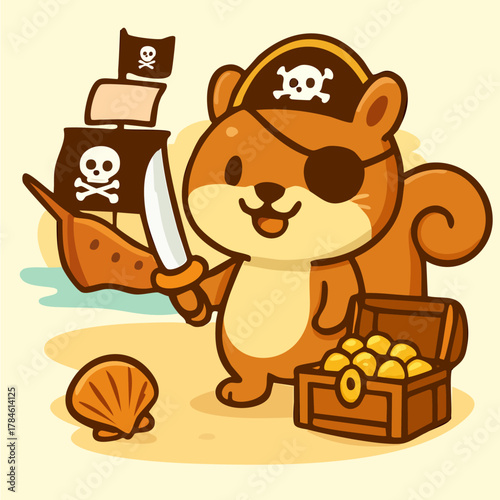 Cute Pirate Squirrel with Sword and Treasure Chest by the Beach Vector Illustration
