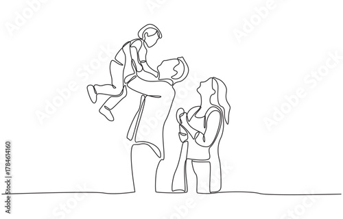 Continuous one line drawing of father lifting his child while mother lovingly watching them, symbolizing love, unity, happiness, and the unbreakable bond shared within family, single line art.