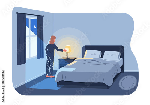 Illustration of a Woman in Pajamas in a Dark Bedroom Turning Off a Bedside Table Lamp