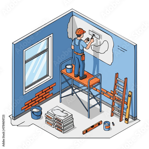 A construction worker applies plaster to a wall during interior renovation, using tools and equipment for home improvement and repairs.