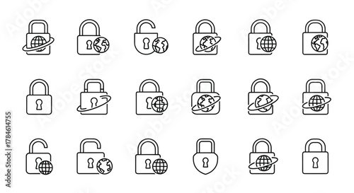 Global Security and Protection Icons: A Collection of Outline Padlock Symbols Encircling the Earth, Representing Digital Safety, Internet Privacy, and Worldwide Access Control for Web Design and App