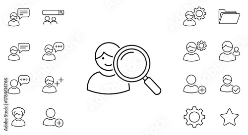 Minimalistic outline icons representing user profiles, search, communication, settings, and file management, ideal for web, app, and graphic design projects, social networks, and digital cards