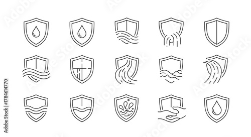 Collection of minimalistic thin outline icons representing water protection and resistance, featuring shields with water drops, waves, and flowing water elements, suitable for web, graphic design