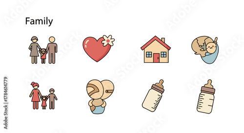 A collection of simple, colorful vector icons representing family, love, home, and baby care, perfect for graphic design, web sites, cards, books, and articles, conveying themes of togetherness and