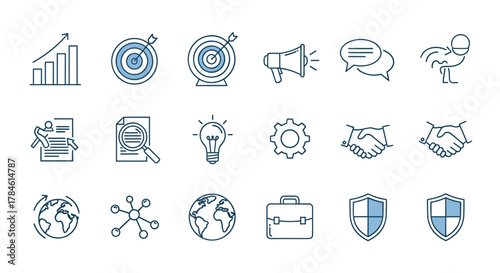 A collection of business communication and strategy icons, including growth charts, targets, a megaphone, speech bubbles, a lightbulb, gears, handshake, briefcase, globe, network, and shields