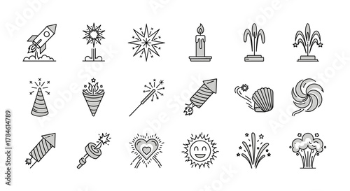 A comprehensive collection of 15 diverse firework and celebration icons, featuring rockets, sparklers, party poppers, and festive explosions, rendered in a clean, modern line art style with subtle