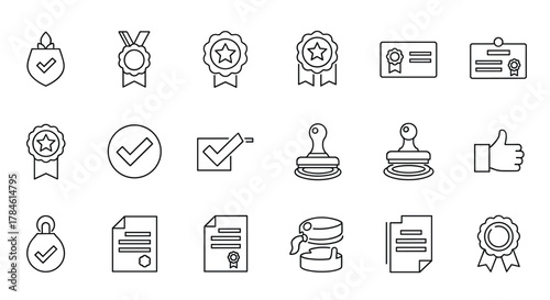 Approved and certified thin line icon set, containing validation, quality, agreement, badge, medal, license, checkmark, selection, accept, stamp, thumbs up, and document symbols for graphic design