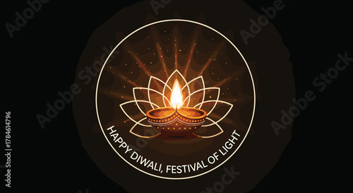 Diwali festival of light, a beautifully illuminated diya (oil lamp) sits at the center of a lotus flower outline, radiating warm light and sparkles against a dark, subtly lit background, symbolizing