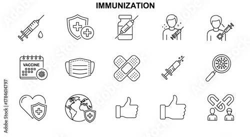 Immunization icon set, line art with editable stroke, vaccination and healthcare design, medical prevention symbol series, flat outline medical vector illustration, representing syringe, vaccine