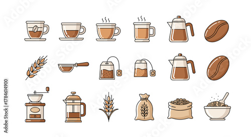 Collection of flat line icons representing coffee and tea culture, including various cups, teabags, coffee beans, kettles, a coffee grinder, French press, wheat stalks, and a bowl of cereal, perfect