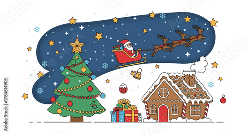 Whimsical Christmas scene featuring Santa Claus in his sleigh pulled by reindeer, soaring through a starry night sky above a decorated Christmas tree and a gingerbread house, evoking a strong sense