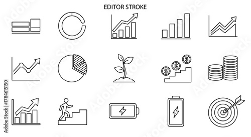 Progress bar and growth diagram outline icon collection, editable stroke, perfect for infographics, articles, books, flyers, banners, vector cartoon illustration, business growth, financial success