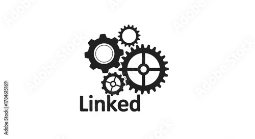 Scalability concept represented by interconnected gears and the word "Linked" in a clean, modern line art vector icon style, perfect for apps and websites, symbolizing system integration and