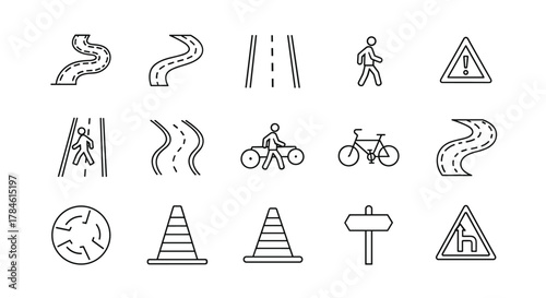 Vector thin line icon set representing various road elements, paths, traffic cones, and warning signs, perfect for graphic design, web, apps, and advertisements, featuring a cartoon illustration