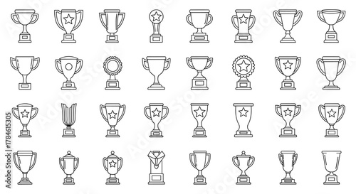Collection of outline icons representing winning cups and trophies, perfect for infographics, articles, books, flyers, and banners, featuring editable strokes for versatile design applications